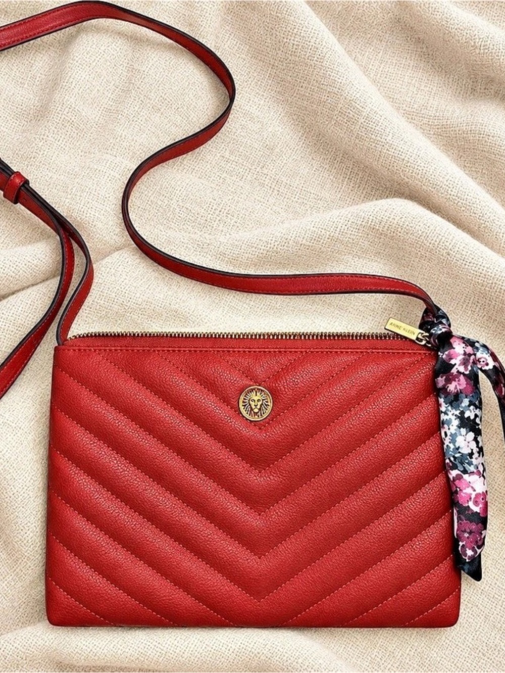 Anne Klein Rust Red Quilted Crossbody Bag w/ Floral Scarf